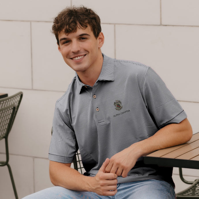 Phi Psi Personalized Peter Millar Jubilee Stripe Stretch Polo with Crest