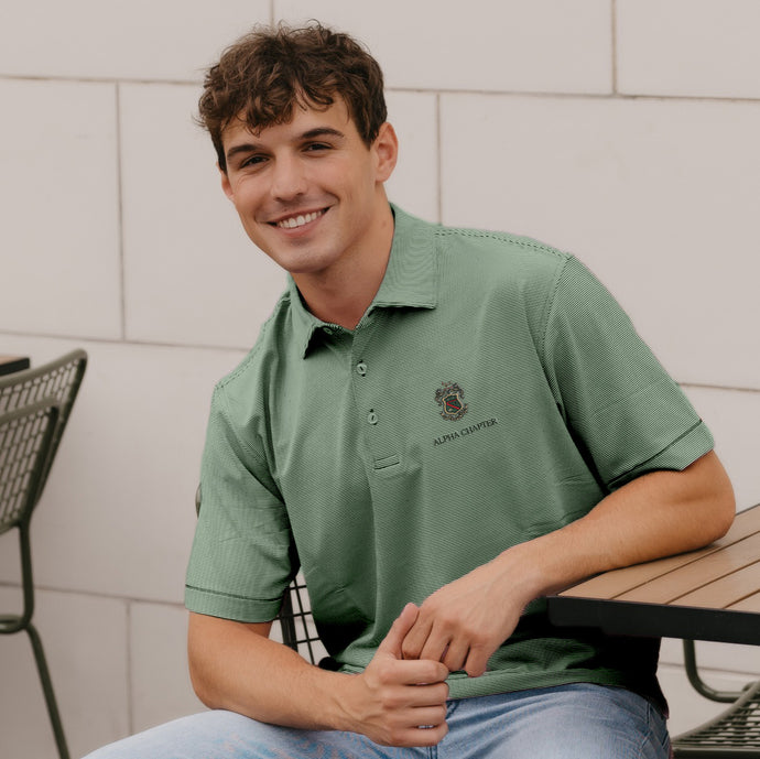 Phi Psi Personalized Peter Millar Jubilee Stripe Stretch Polo with Crest