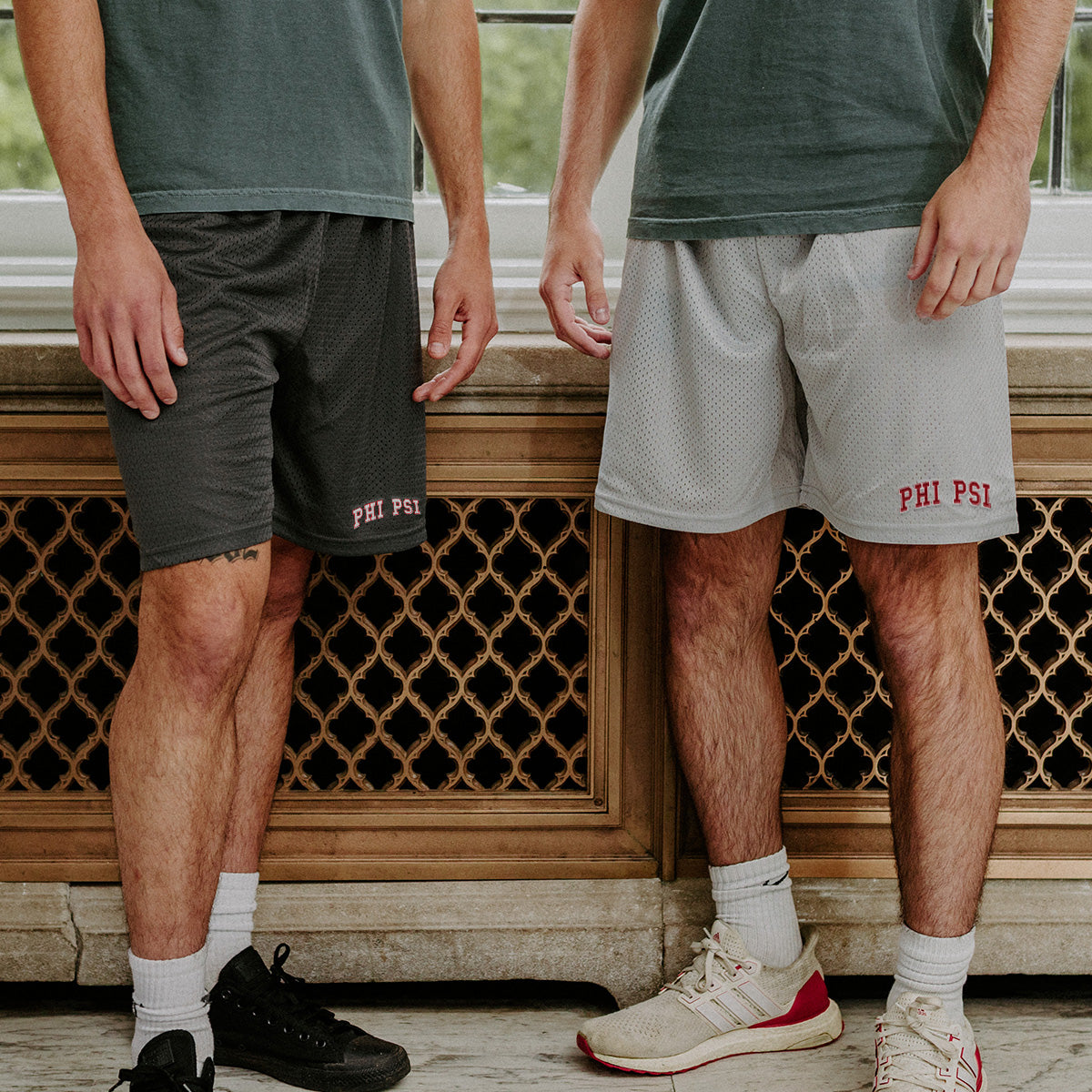 New! Phi Psi Embroidered Graphite 7" Mesh Shorts