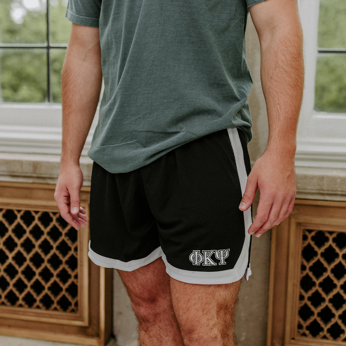 Phi Kappa PsiFraternity Black 7" Mesh Shorts with Greek letters.