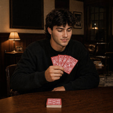 Fraternity brother holding custom Heritage Playing Cards during a poker game in a chapter house lounge.