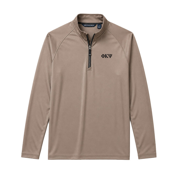 Mushroom Cutter & Buck Adapt quarter-zip pullover with black embroidered Phi Kappa Psi Greek letters on the left chest.