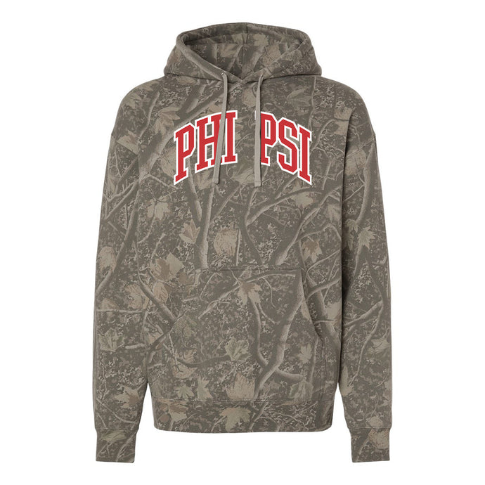 Phi Psi Deadwood Camo Hoodie featuring an all-over woodland camouflage print, red and white arched Phi Kappa Psi lettering, drawstring hood, and kangaroo pocket.