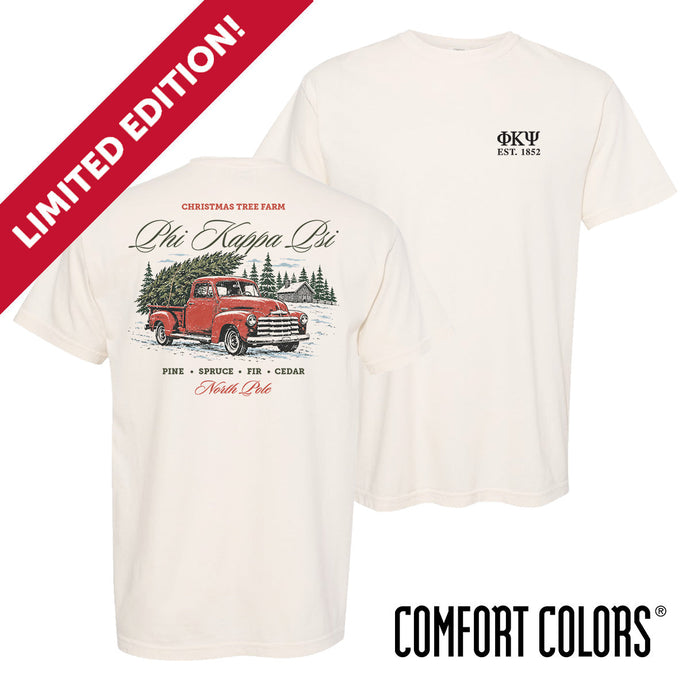 Limited edition Tree Farm Holiday Tee featuring a small fraternity chest design and vintage Christmas tree farm graphic on the back.