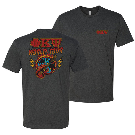 Charcoal t-shirt called the Phi Kappa Psi World Tour tee with vintage rock-inspired design, bold Phi Psi letters on front, and fiery guitar graphic on back.
