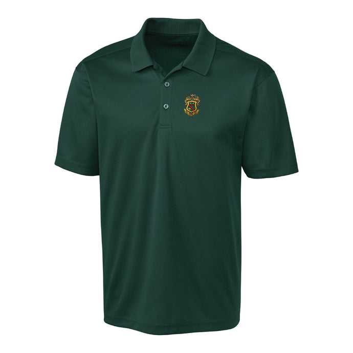 Fraternity polo with coat of arms embroidered on left chest.