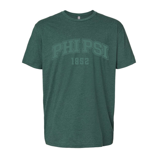 Green heather crew-neck tee with a subtle tonal arched ÒPhi PsiÓ print on the chest