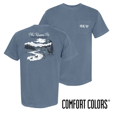 Phi Psi fraternity t-shirt featuring an outdoor nature scene.