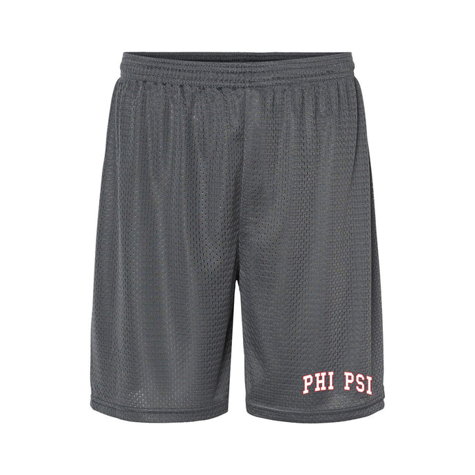 embroidered graphite 7 inch mesh shorts front view
