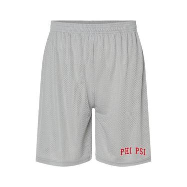 embroidered silver 7 inch mesh shorts front view