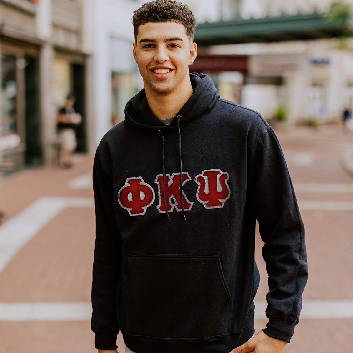 Phi Psi Black Hoodie with Sewn On Greek Letters