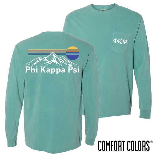 Phi Psi Retro Mountain Comfort Colors Tee | Phi Kappa Psi | Shirts > Long sleeve t-shirts