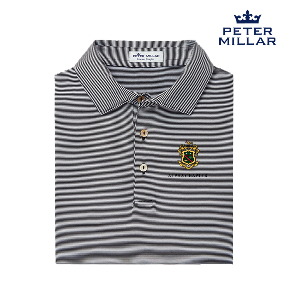 Phi Psi Personalized Peter Millar Jubilee Stripe Stretch Polo with Crest
