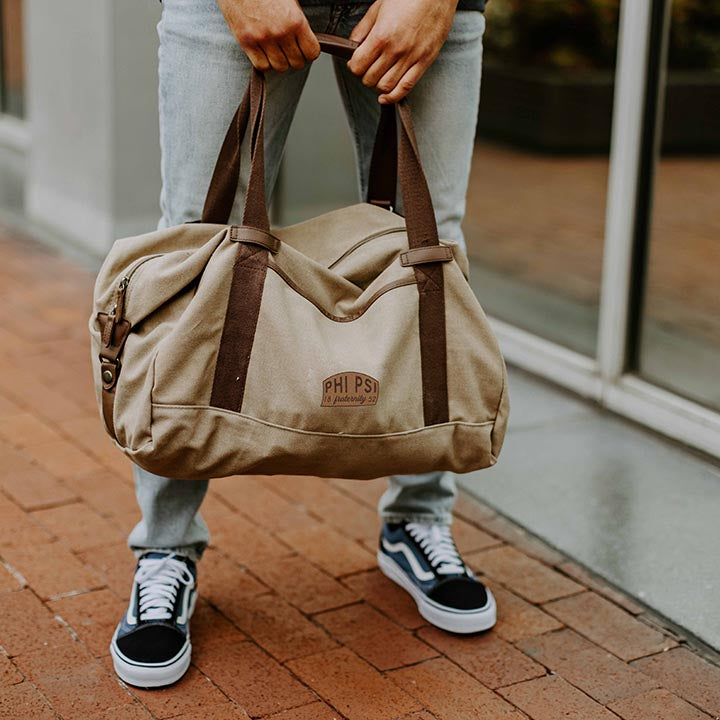 Phi Psi Khaki Canvas Duffel With Leather Patch