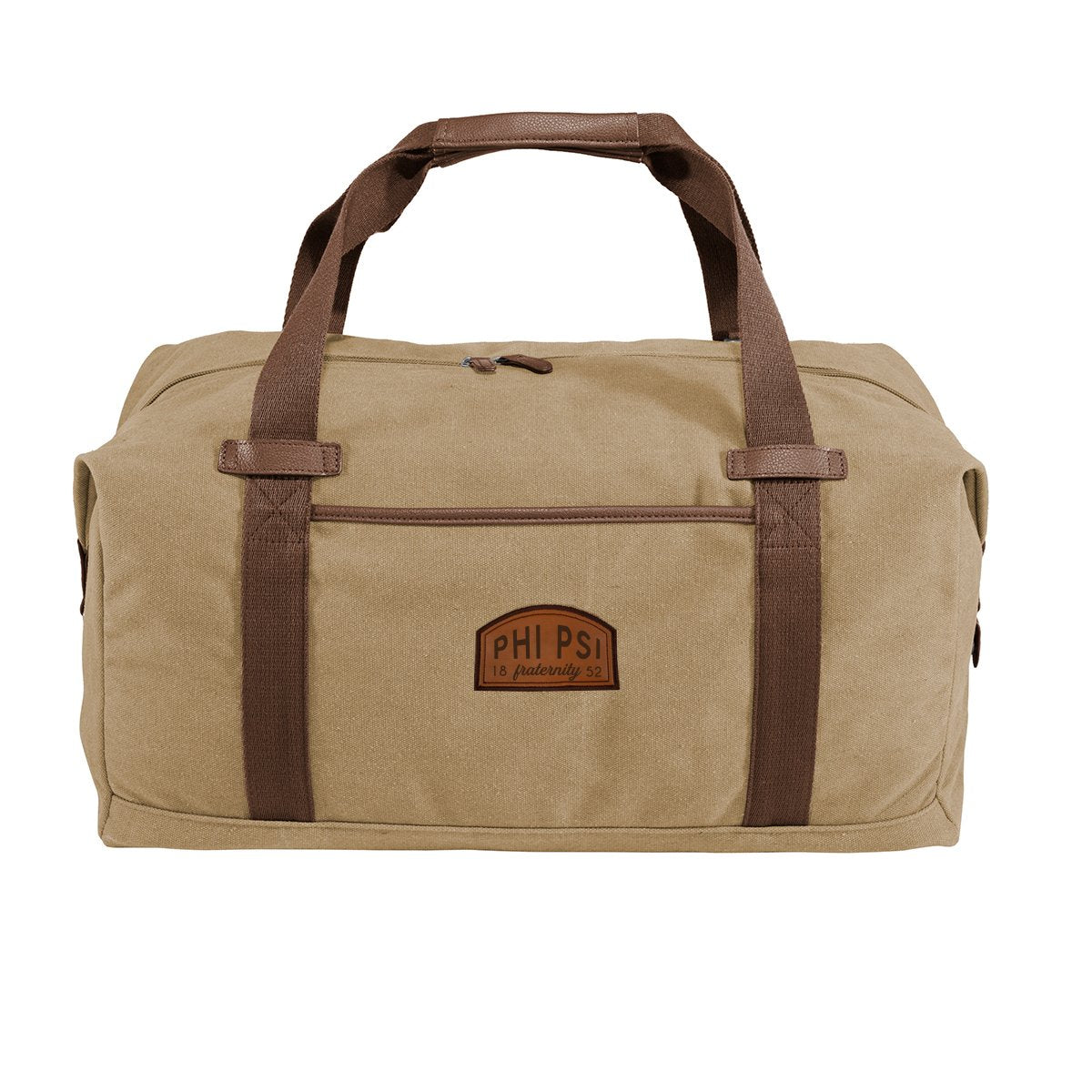 Phi Psi Khaki Canvas Duffel With Leather Patch | Phi Kappa Psi | Bags > Duffle bags
