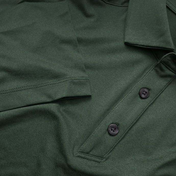 Close up image showing the green heathered Cutter & Buck polo