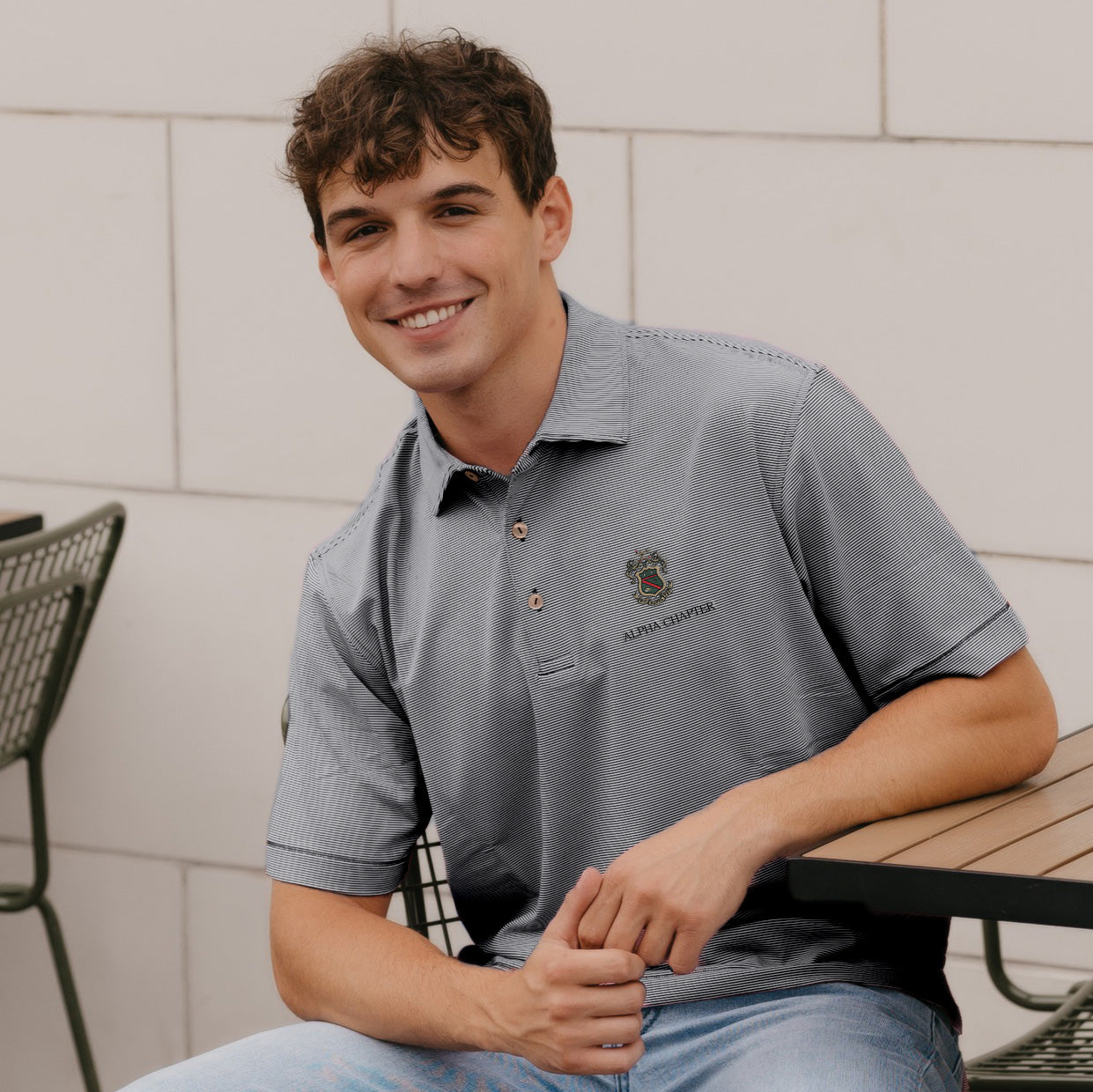 Phi Psi Personalized Peter Millar Jubilee Stripe Stretch Polo with Crest