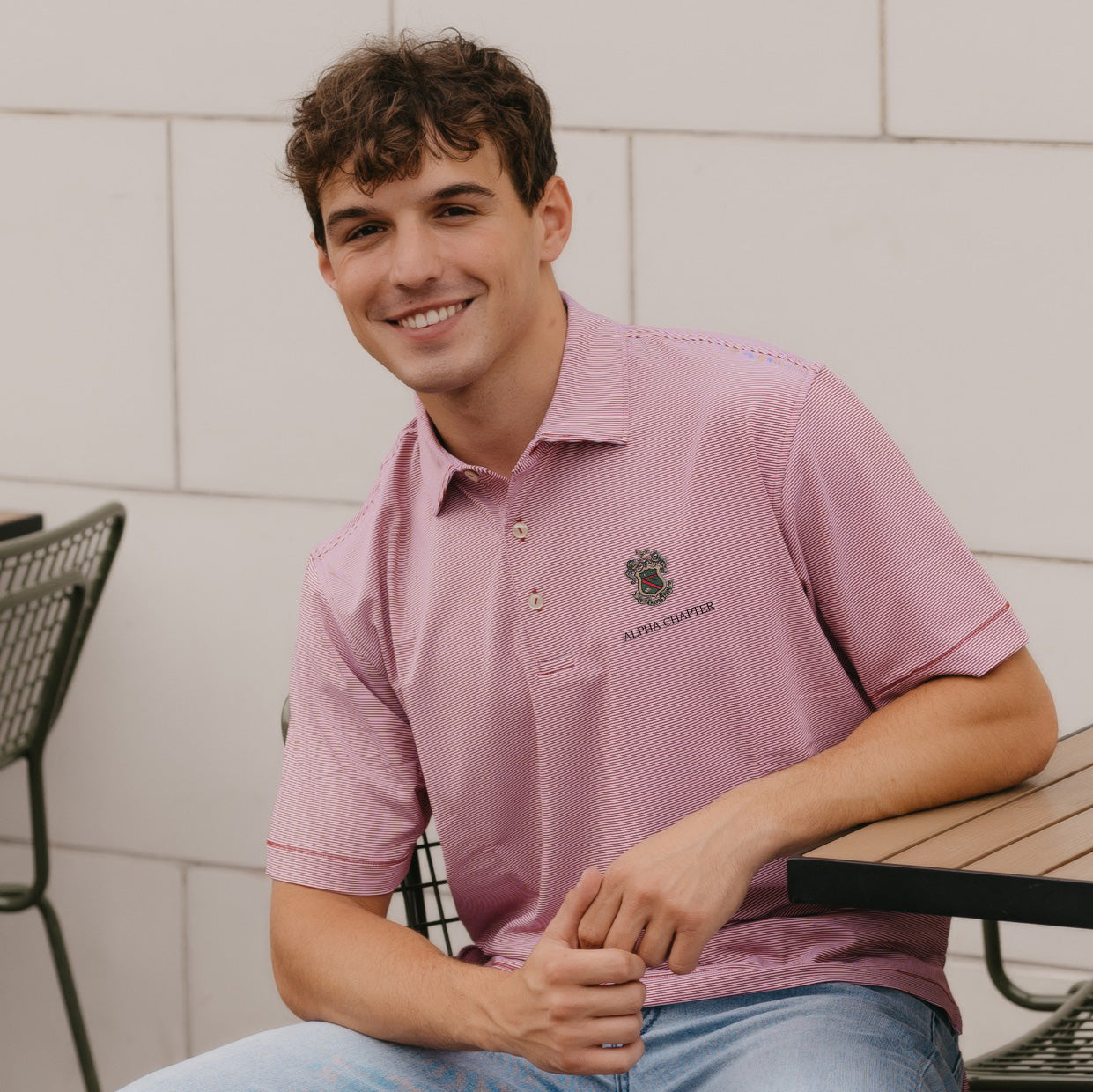 Phi Psi Personalized Peter Millar Jubilee Stripe Stretch Polo with Crest