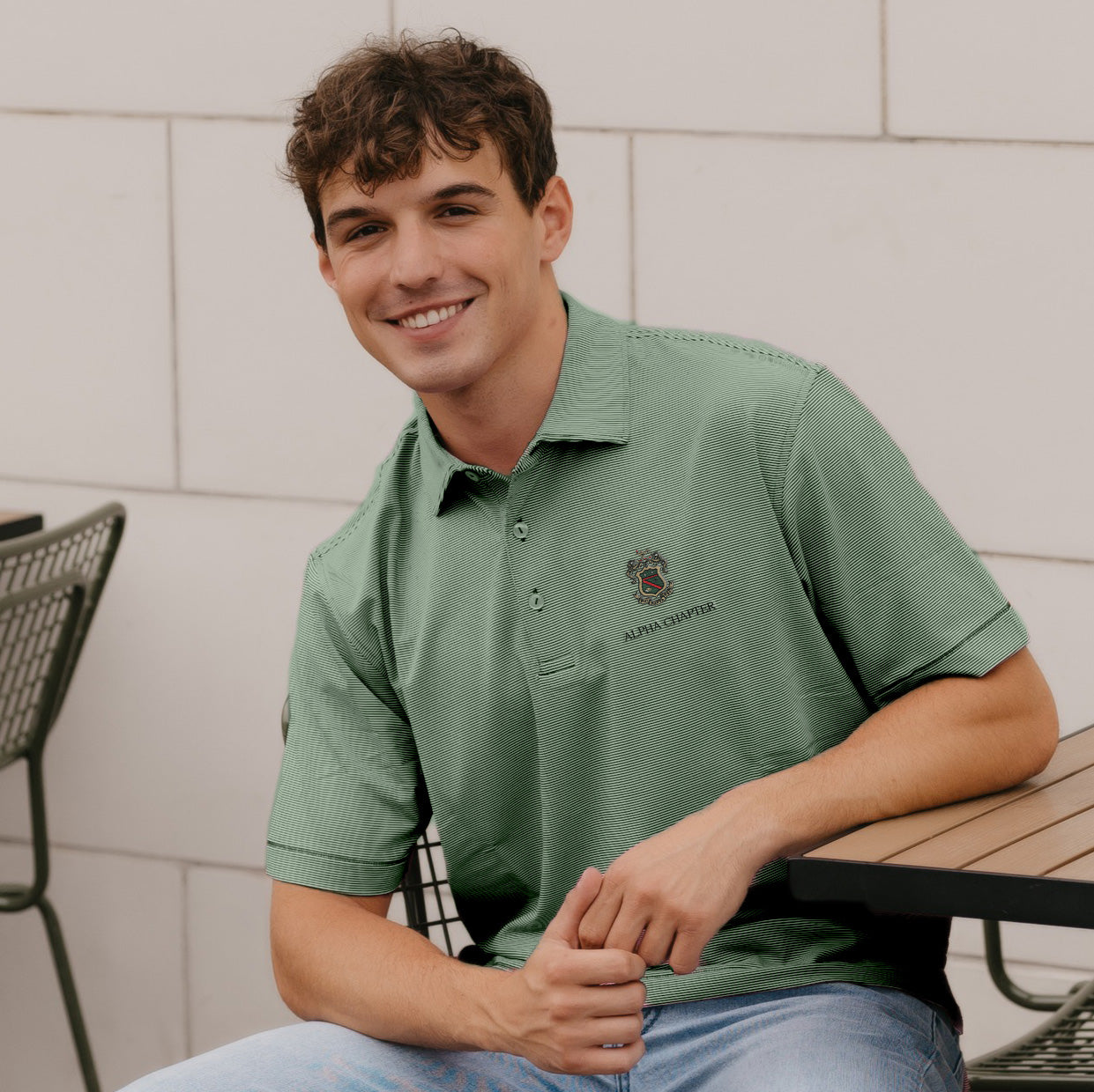 Phi Psi Personalized Peter Millar Jubilee Stripe Stretch Polo with Crest