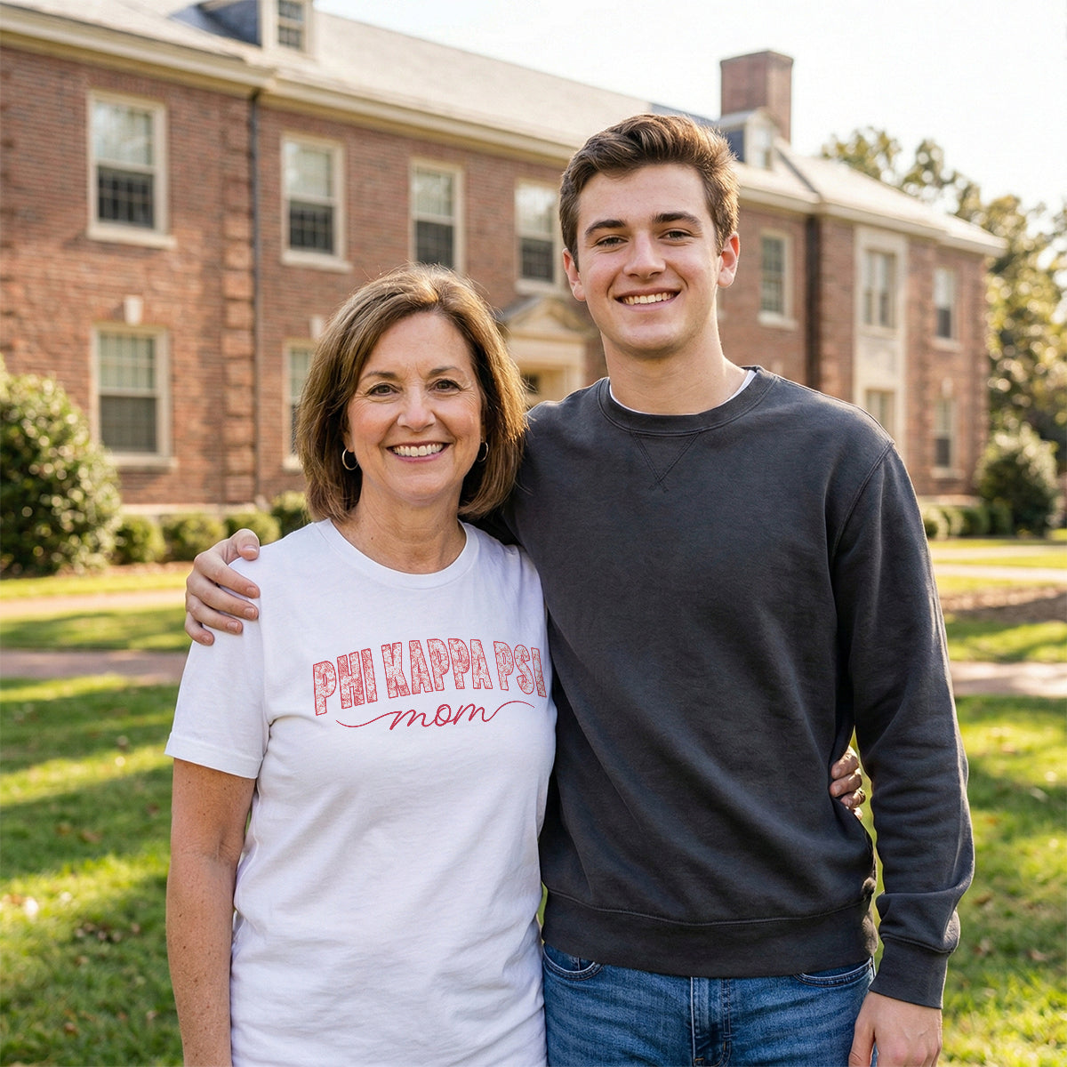 Mom wearing a white t-shirt with a mom graphic tee standing with her fraternity son.