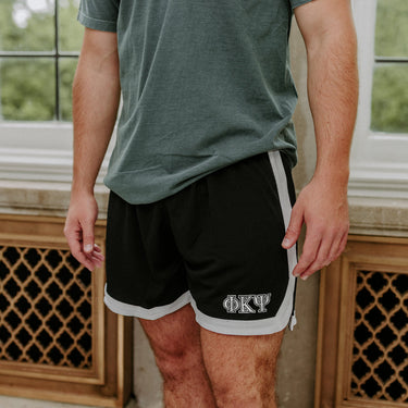 Phi Kappa PsiFraternity Black 7" Mesh Shorts with Greek letters.