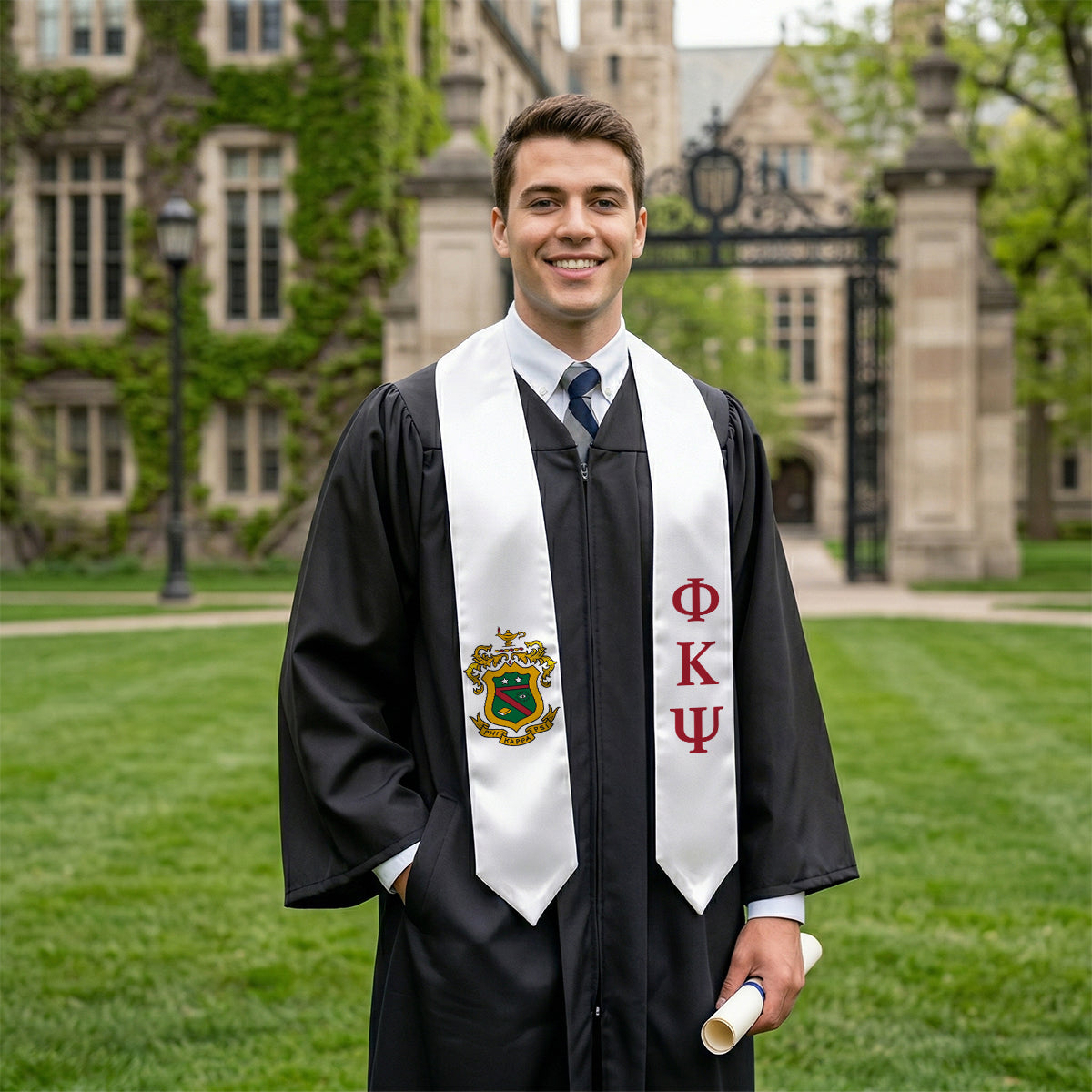 Phi Psi White Graduation Stole with Coat of Arms