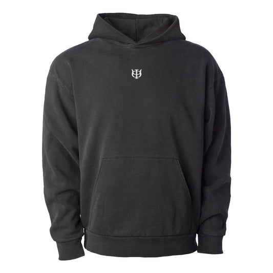 Black heavyweight hoodie with Phi Kappa Psi Greek letters embroidered in white on the center chest.