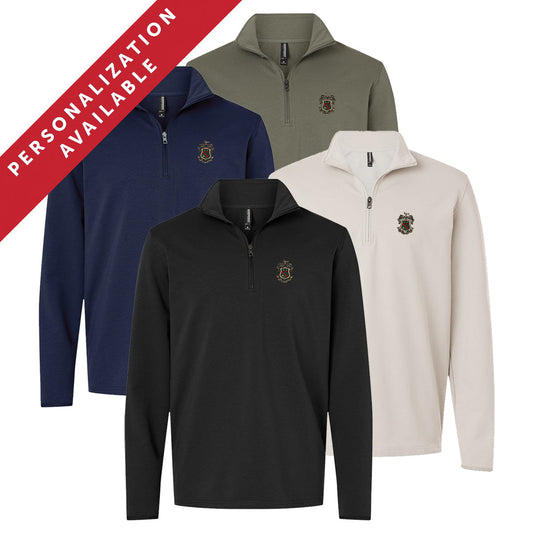 Four Phi Kappa Psi Embroidered Luxe Quarter Zips in black, smoke, navy, and pine colors with crest embroidery on the left chest. Banner reads Personalization Available.