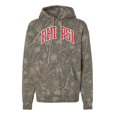 Phi Psi Deadwood Camo Hoodie featuring an all-over woodland camouflage print, red and white arched Phi Kappa Psi lettering, drawstring hood, and kangaroo pocket.