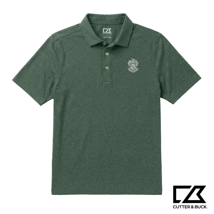 Green heathered Cutter & Buck polo with an embroidered crest on the chest.