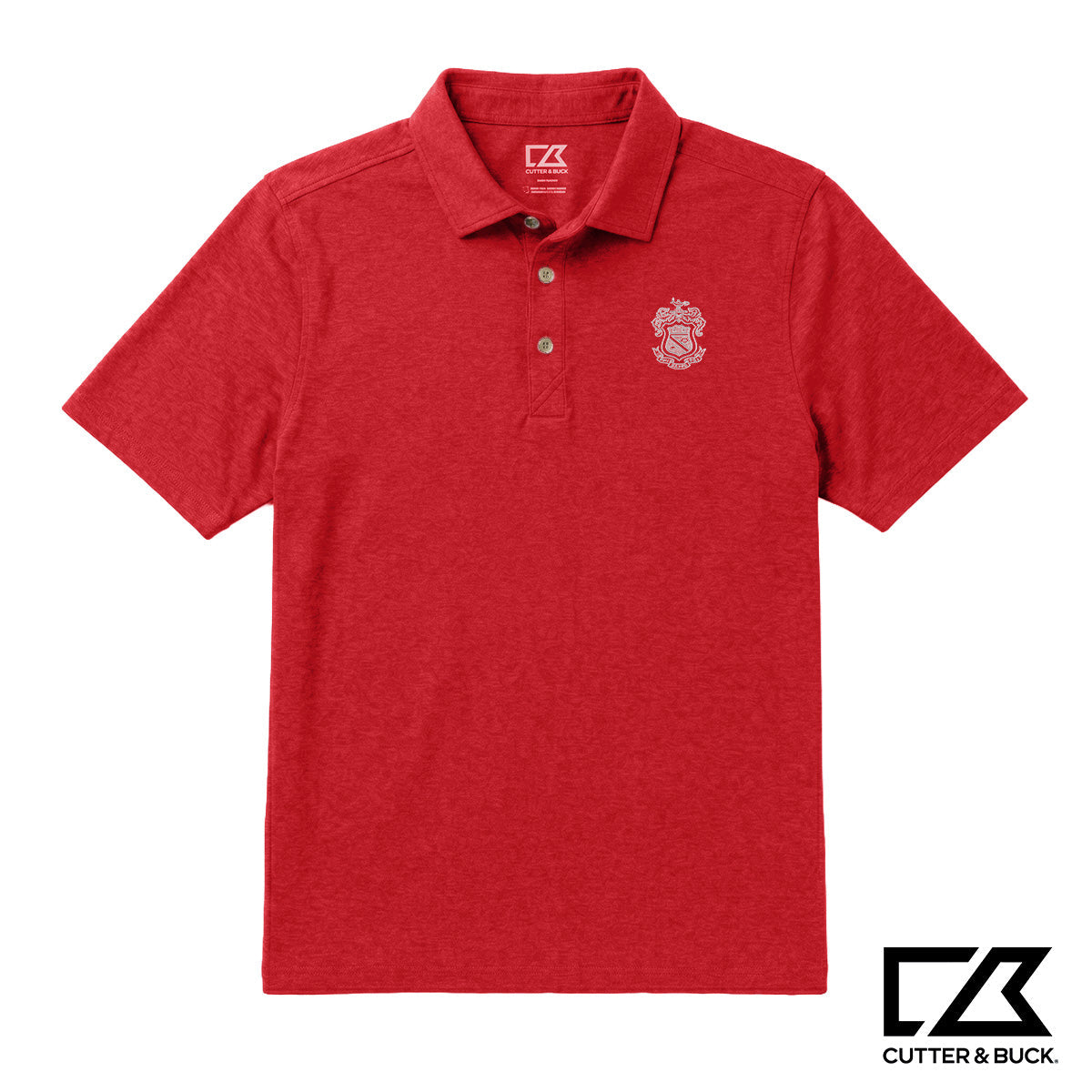 Red heathered Cutter & Buck polo with an embroidered crest on the chest.