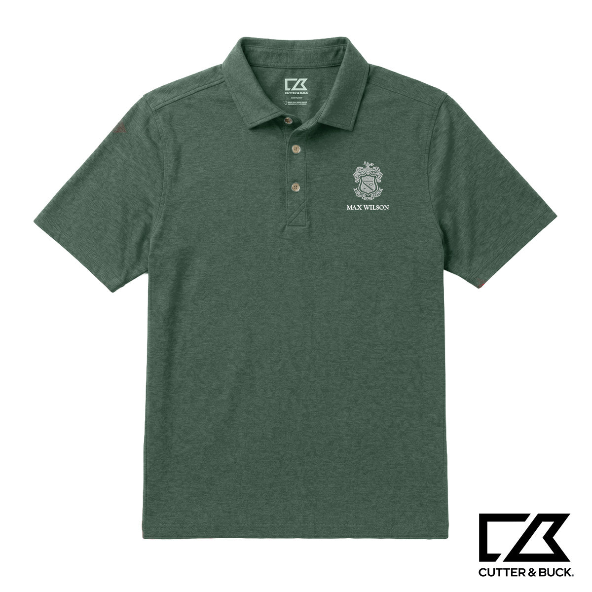 Green heathered Cutter & Buck polo featuring an embroidered crest and personalized name on the chest.