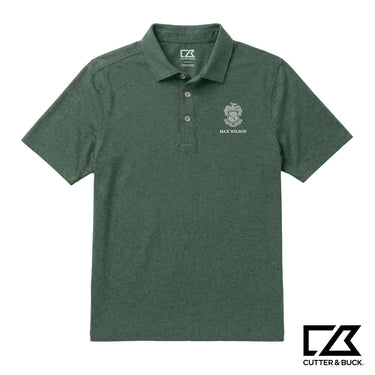 Green heathered Cutter & Buck polo featuring an embroidered crest and personalized name on the chest.