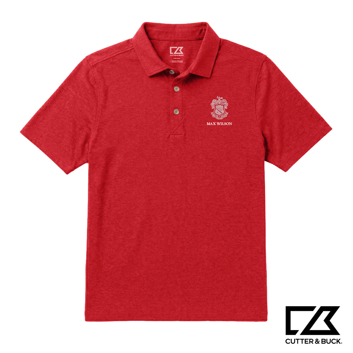 Red heathered Cutter & Buck polo featuring an embroidered crest and personalized name on the chest.