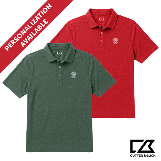 Two heathered Cutter & Buck polo shirts in green and red with embroidered crest detail and personalization available.