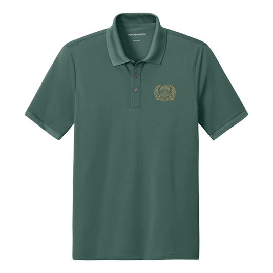 Front view of Green polo featuring embroidered laurel design.