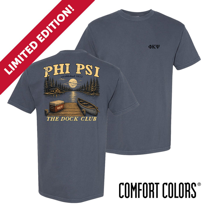 Front and back view of a blue Comfort Colors graphic t-shirt with vintage lake-inspired artwork