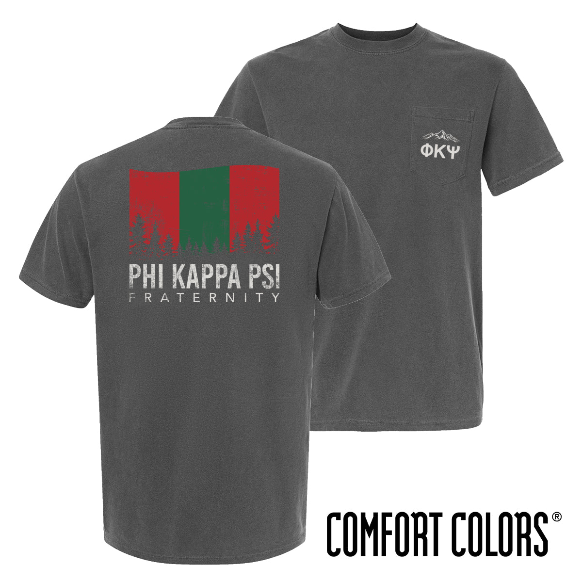 Fraternity grey short sleeve tee with colorful flag design on back and chest pocket log