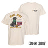 Phi Psi fraternity t-shirt featuring a black lab in a football stadium