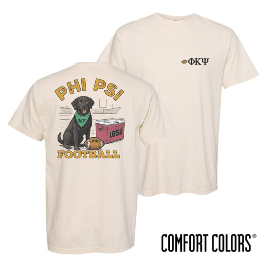Phi Psi fraternity t-shirt featuring a black lab in a football stadium