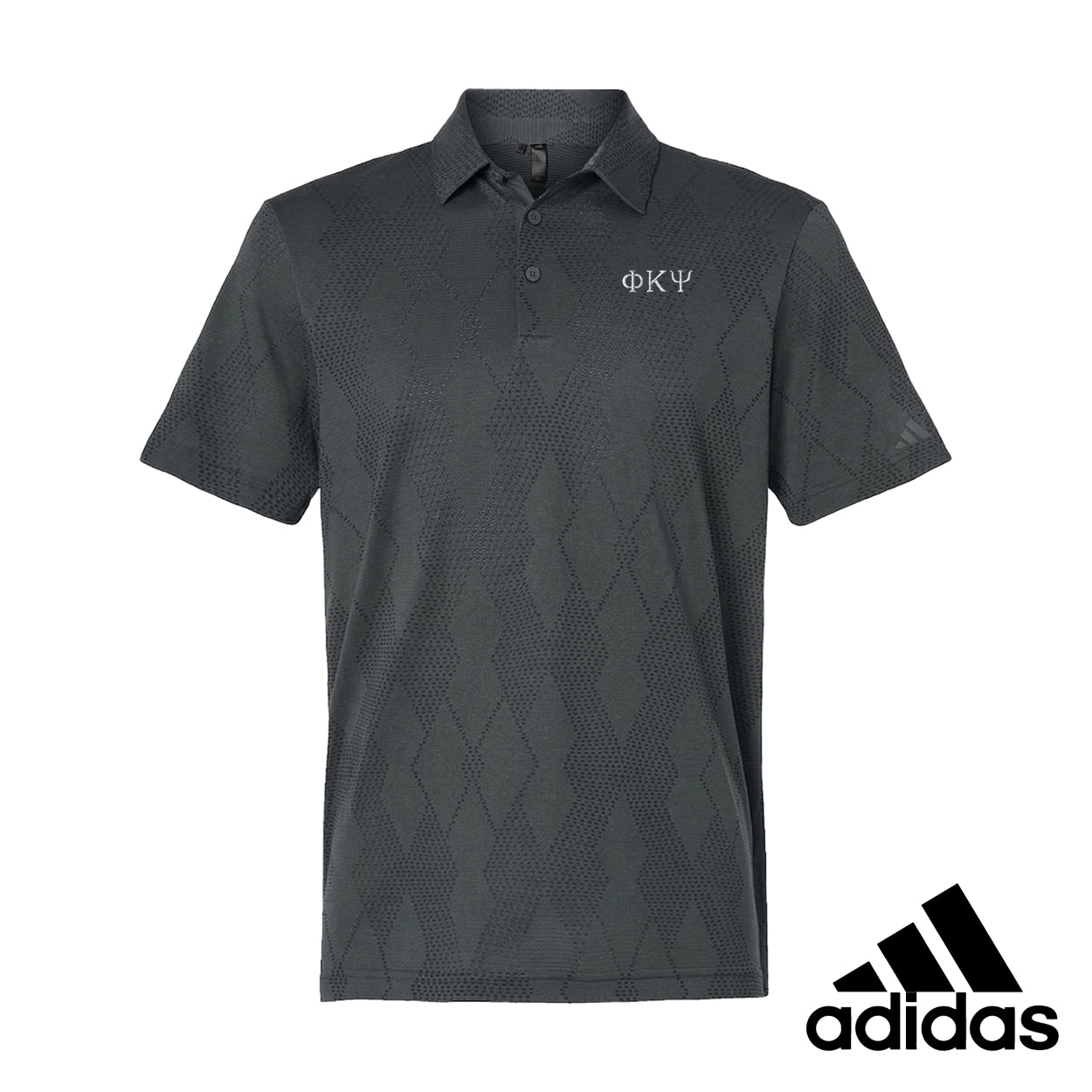 Front view of Black polo featuring embroidered greek letters.