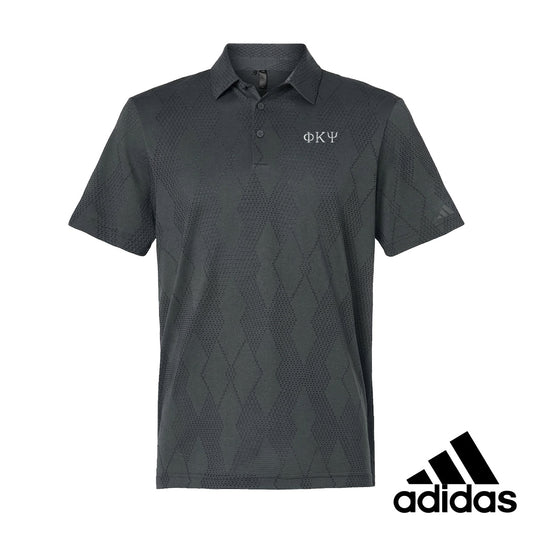 Front view of Black polo featuring embroidered greek letters.