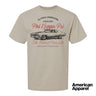 Beige T-shirt displayed on a plain background with a vintage-inspired graphic of a classic muscle car, mixed typography, and a soft red and black print design.