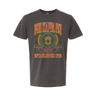 Phi Psi Collegiate Crest Graphic Tee in charcoal grey featuring bold Phi Kappa Psi lettering, fraternity crest, Greek letters, and established year design.