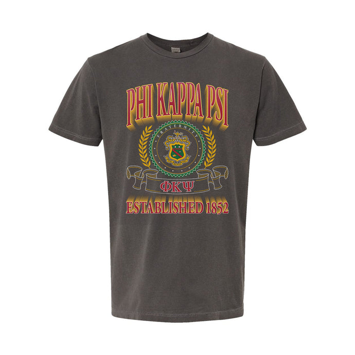 Phi Psi Collegiate Crest Graphic Tee in charcoal grey featuring bold Phi Kappa Psi lettering, fraternity crest, Greek letters, and established year design.