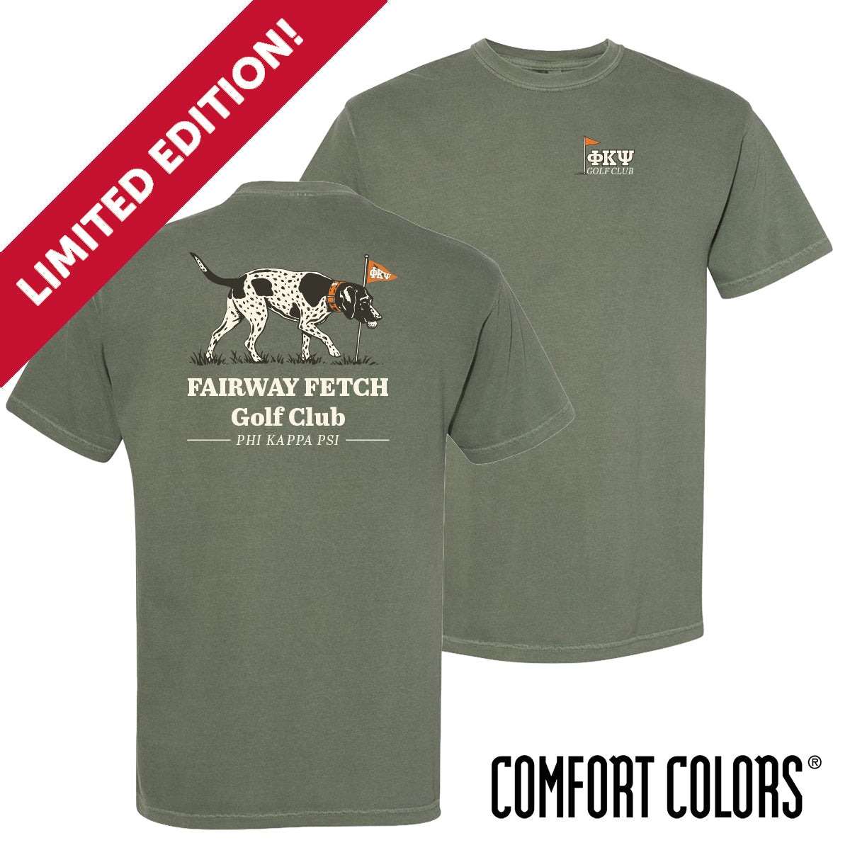 Front and back view of moss green Comfort Colors T-shirt featuring a vintage-inspired hunting dog mid-fetch, paired with a classic golf flag.