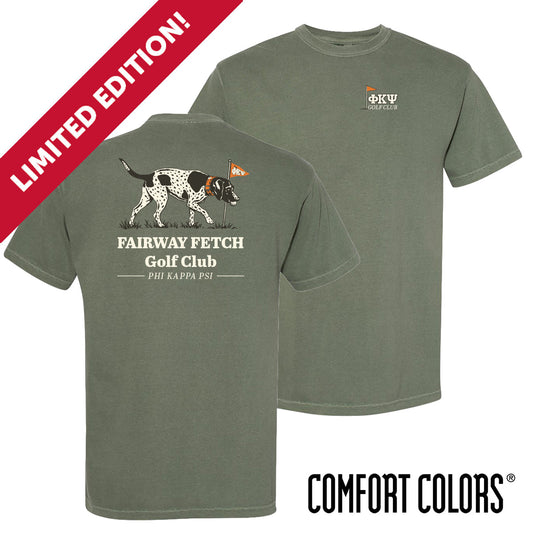 Front and back view of moss green Comfort Colors T-shirt featuring a vintage-inspired hunting dog mid-fetch, paired with a classic golf flag.