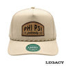 Cream Legacy brand rope hat featuring a brown fraternity patch, designed for stylish fraternity apparel and casual campus wear.