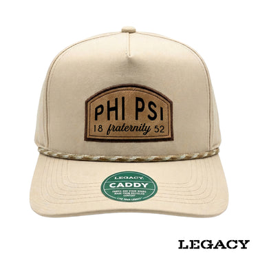 Cream Legacy brand rope hat featuring a brown fraternity patch, designed for stylish fraternity apparel and casual campus wear.