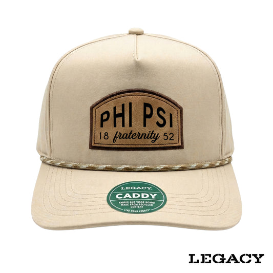 Cream Legacy brand rope hat featuring a brown fraternity patch, designed for stylish fraternity apparel and casual campus wear.